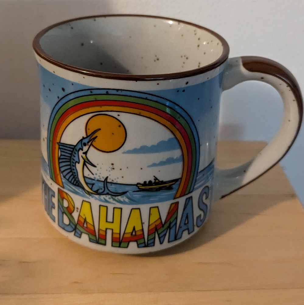 Bahamas Speckled Coffee Cup 70s Beach Bikini Rainbow Sunset Ski  Yacht MUG Rare